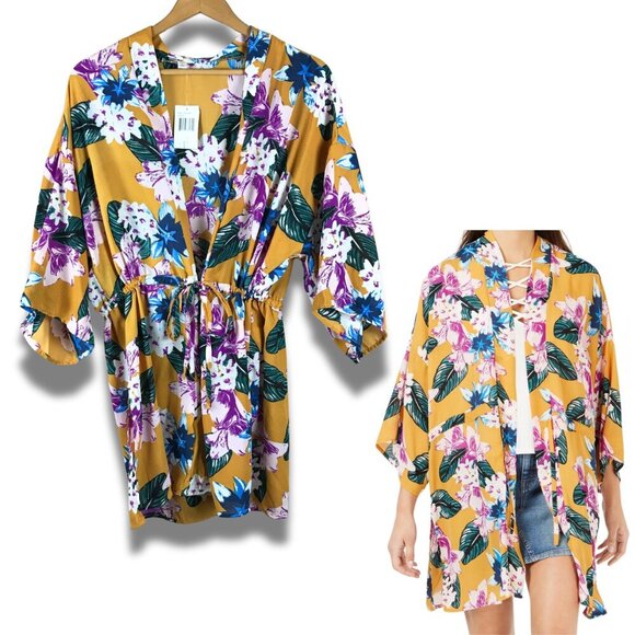 Say What Women's Floral Kimono, Gold Floral NWT MEDIUM - Picture 1 of 10